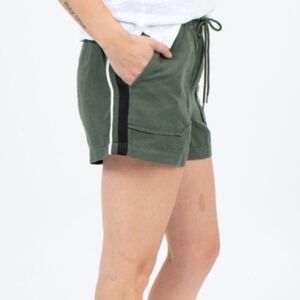 Sanctuary Linen/Cotton Blend Relaxed Fit Summer Shorts In Green With Side Stripe